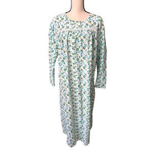 CW Classics Cotton Long Nightgown Green Flowers Lightweight 3/4 Sleeves Large